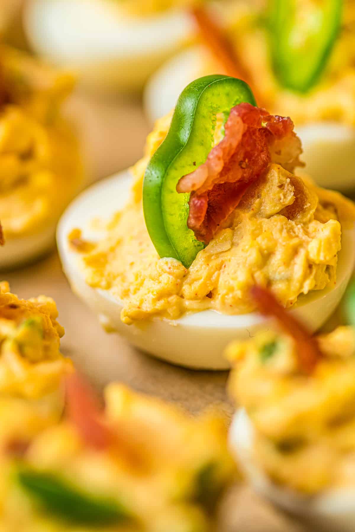 side image of up close jalapeno popper deviled eggs