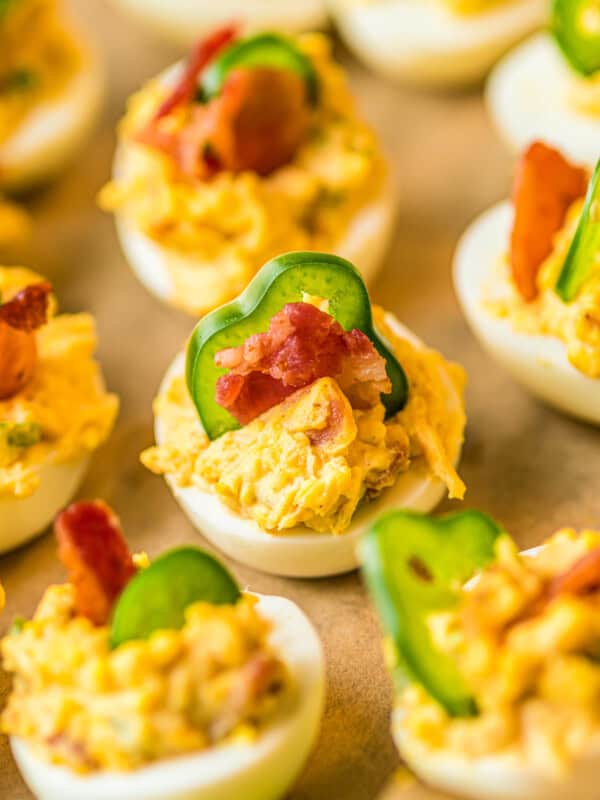 side image of up close jalapeno popper deviled eggs