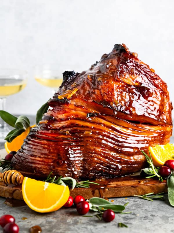 orange glazed ham on platter