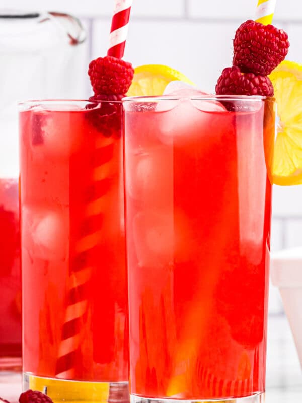 two glasses of raspberry lemonade