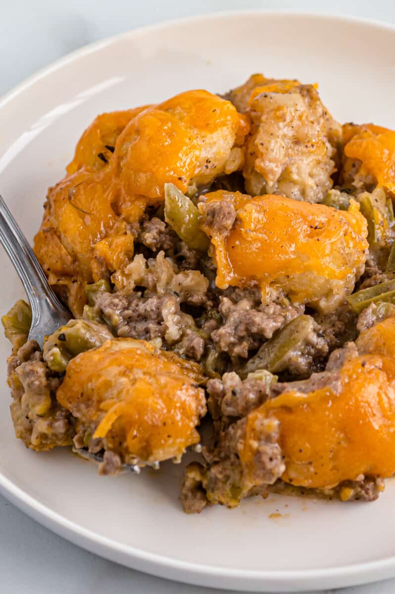 plate with tater tot casserole and fork