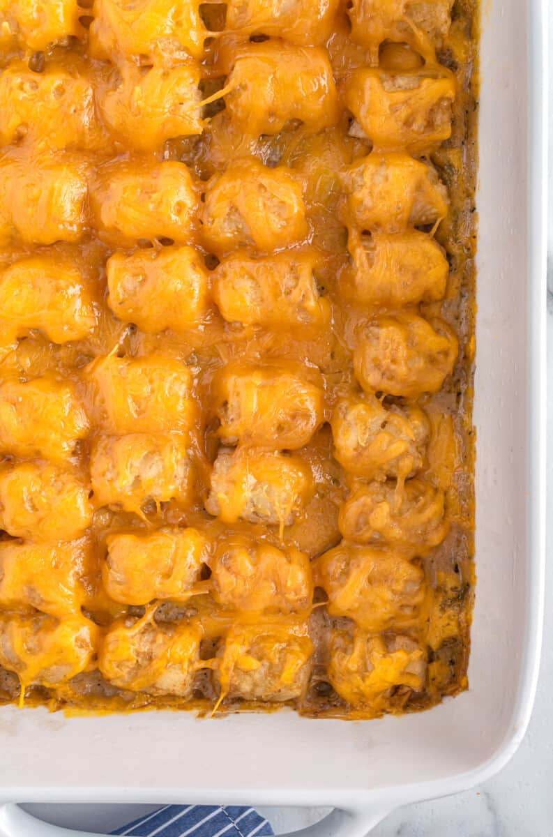 overhead casserole dish with cheesy tater tot casserole