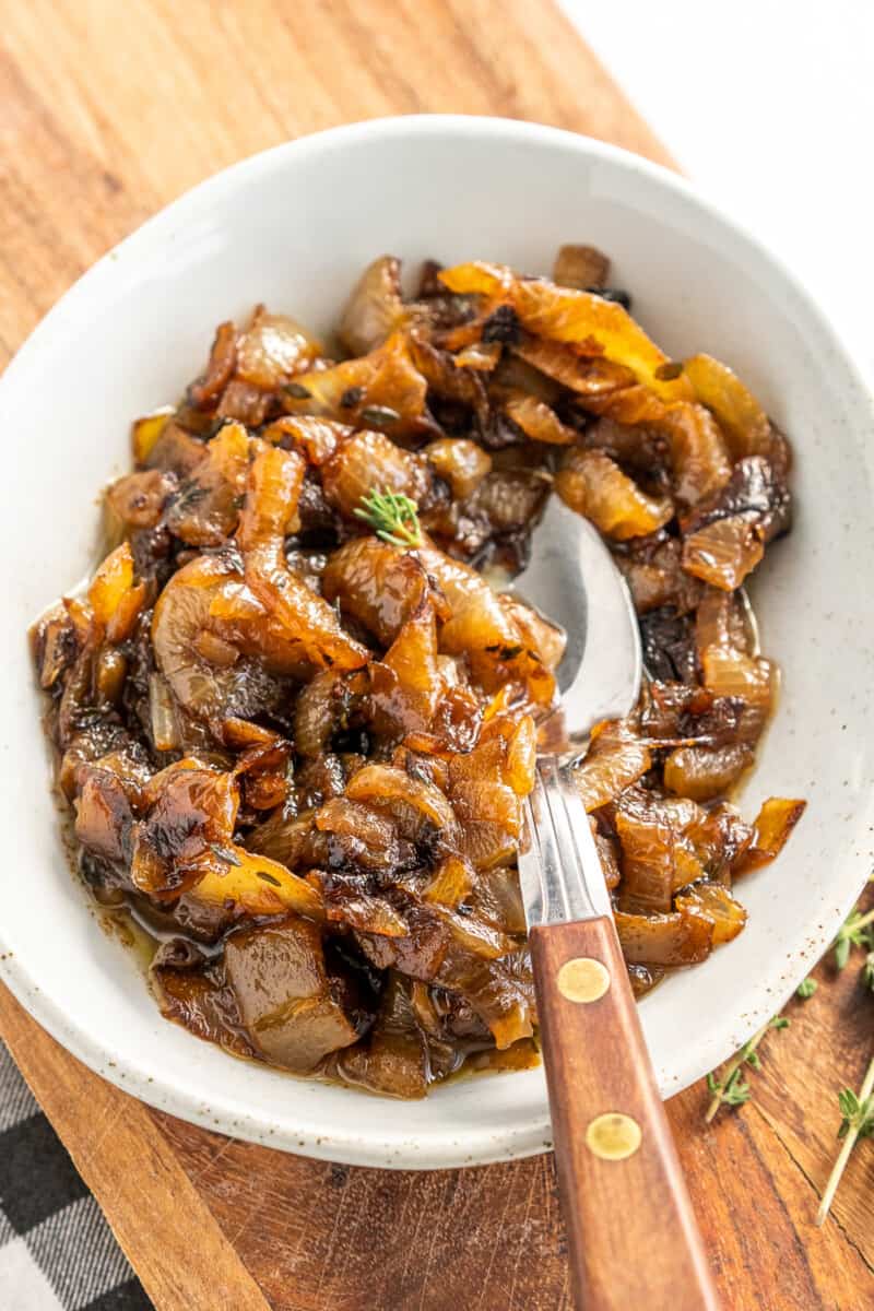 caramelized onions in white bowl