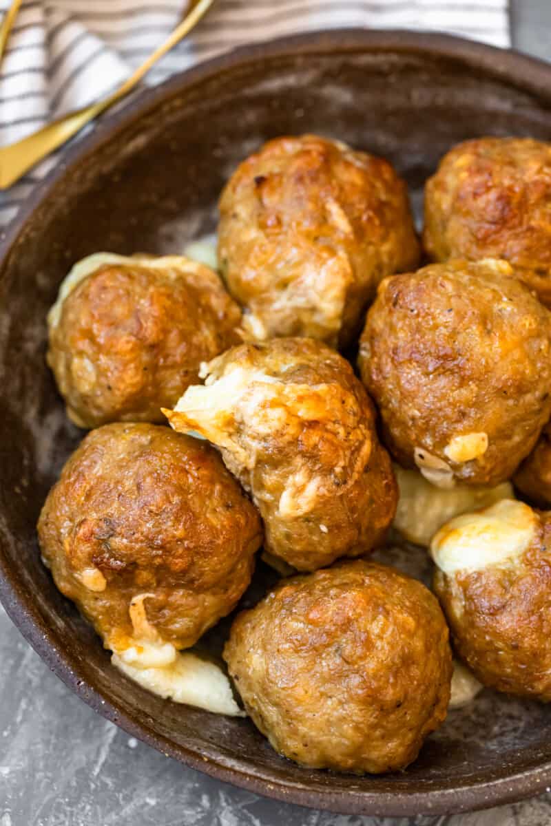 bowl of cheesy baked turkey meatballs