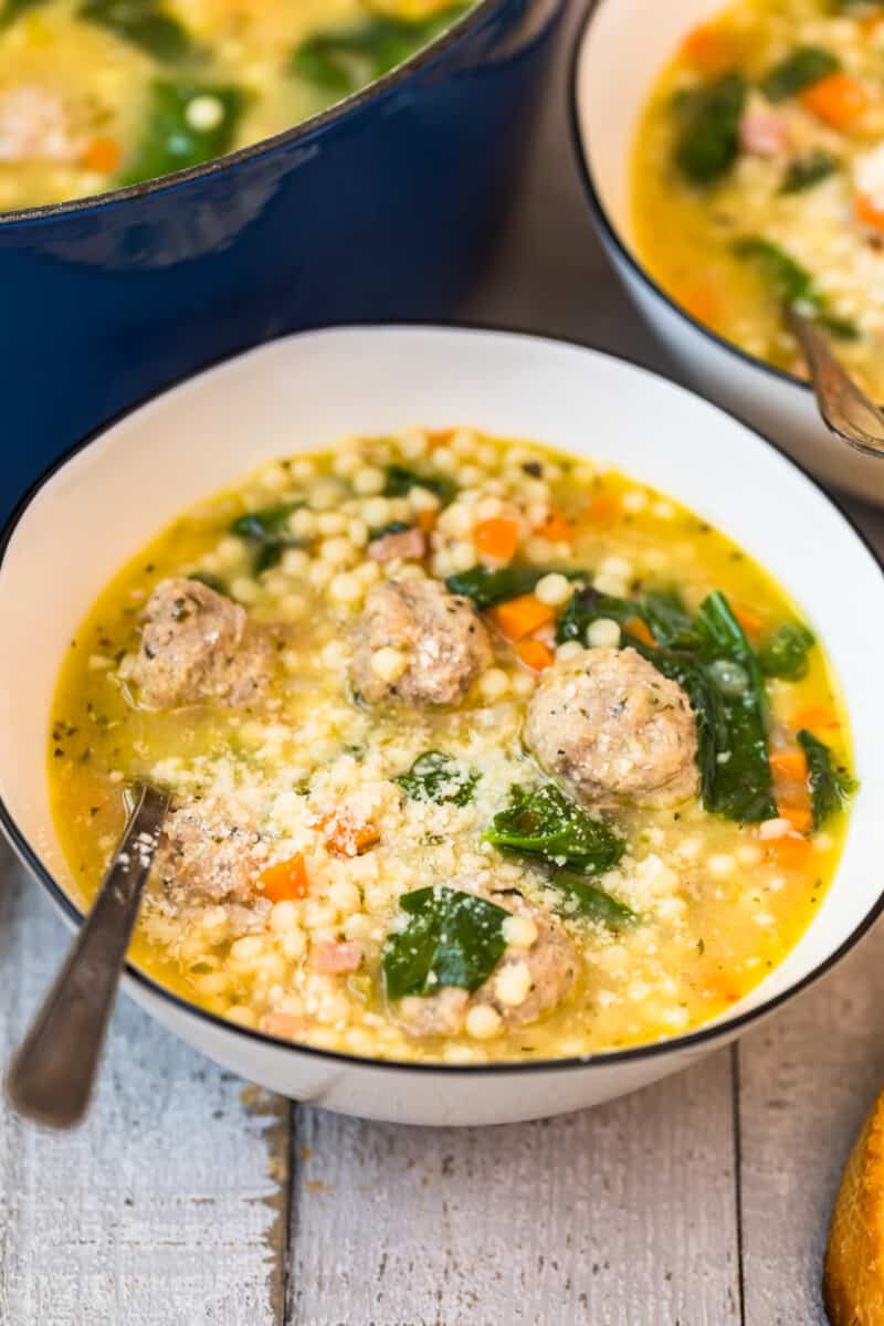 white bowl of Italian wedding soup