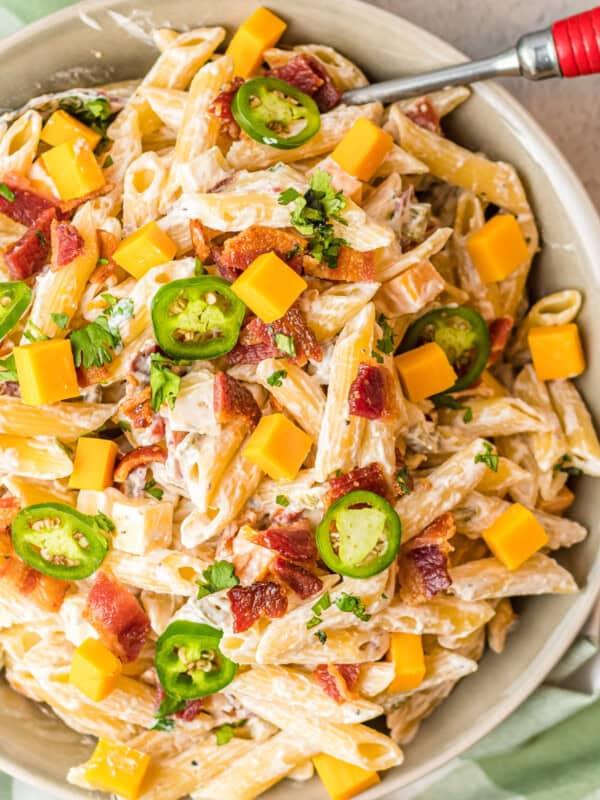 bowl of jalapeno popper pasta salad