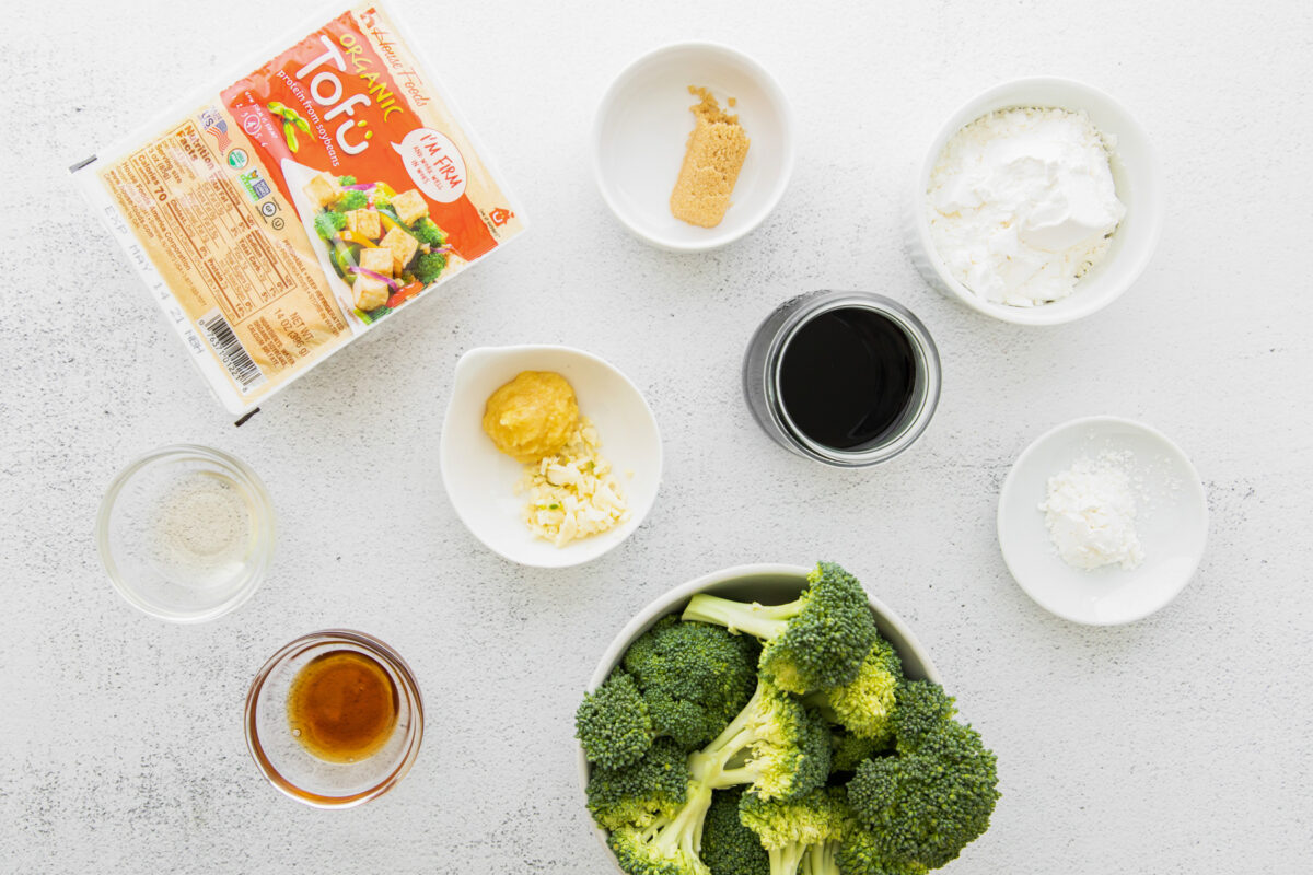 overhead view of ingredients for air fryer teriyaki tofu.