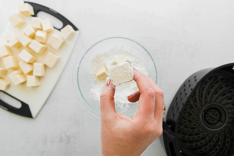 cubes of tofu for air fryer teriyaki tofu dipped in cornstarch.