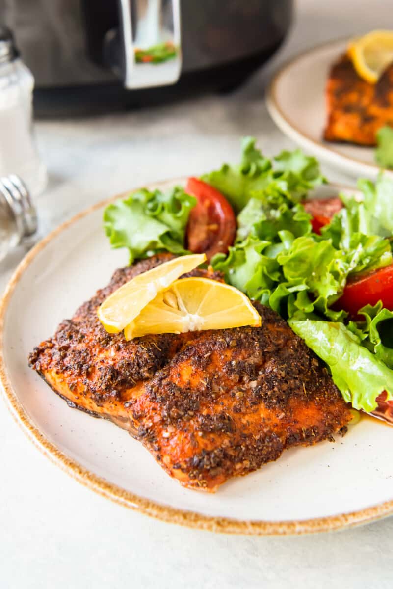 air fryer salmon on white plate