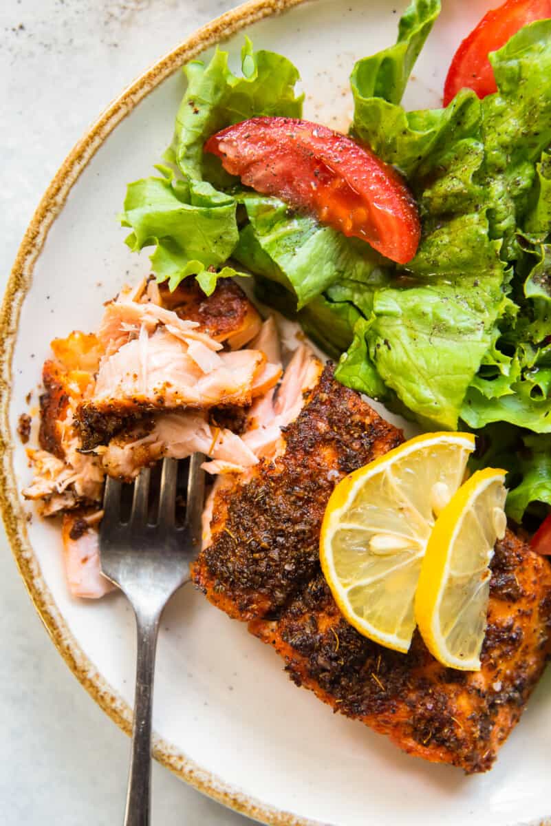 flakey air fryer salmon with green salad