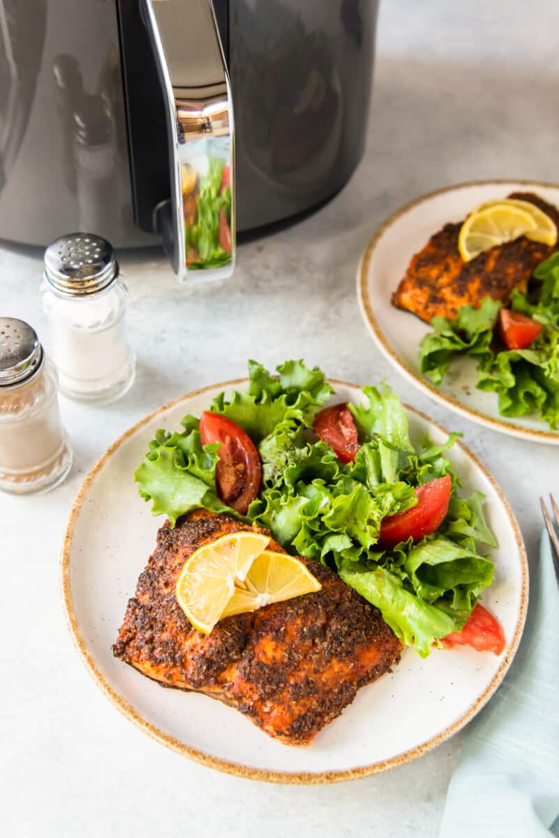 two plates of air fryer salmon