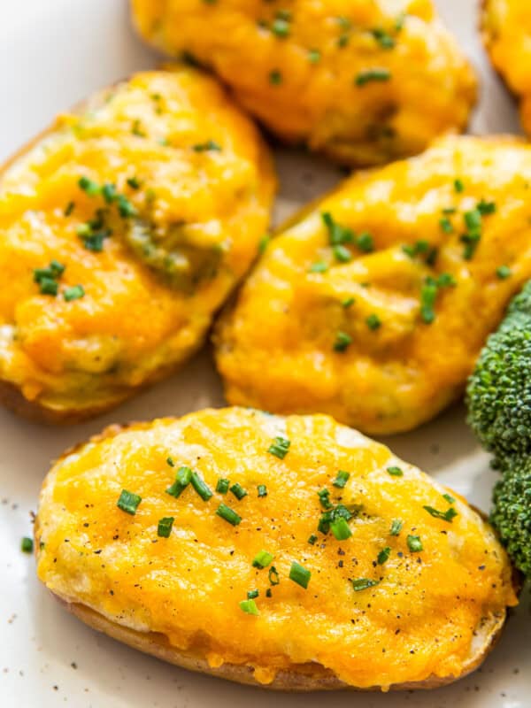 platter with broccoli cheese twice baked potatoes