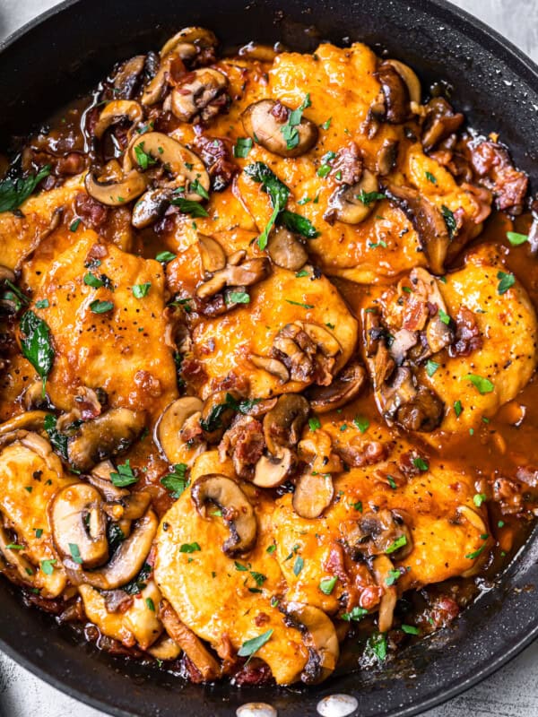 overhead chicken marsala in skillet