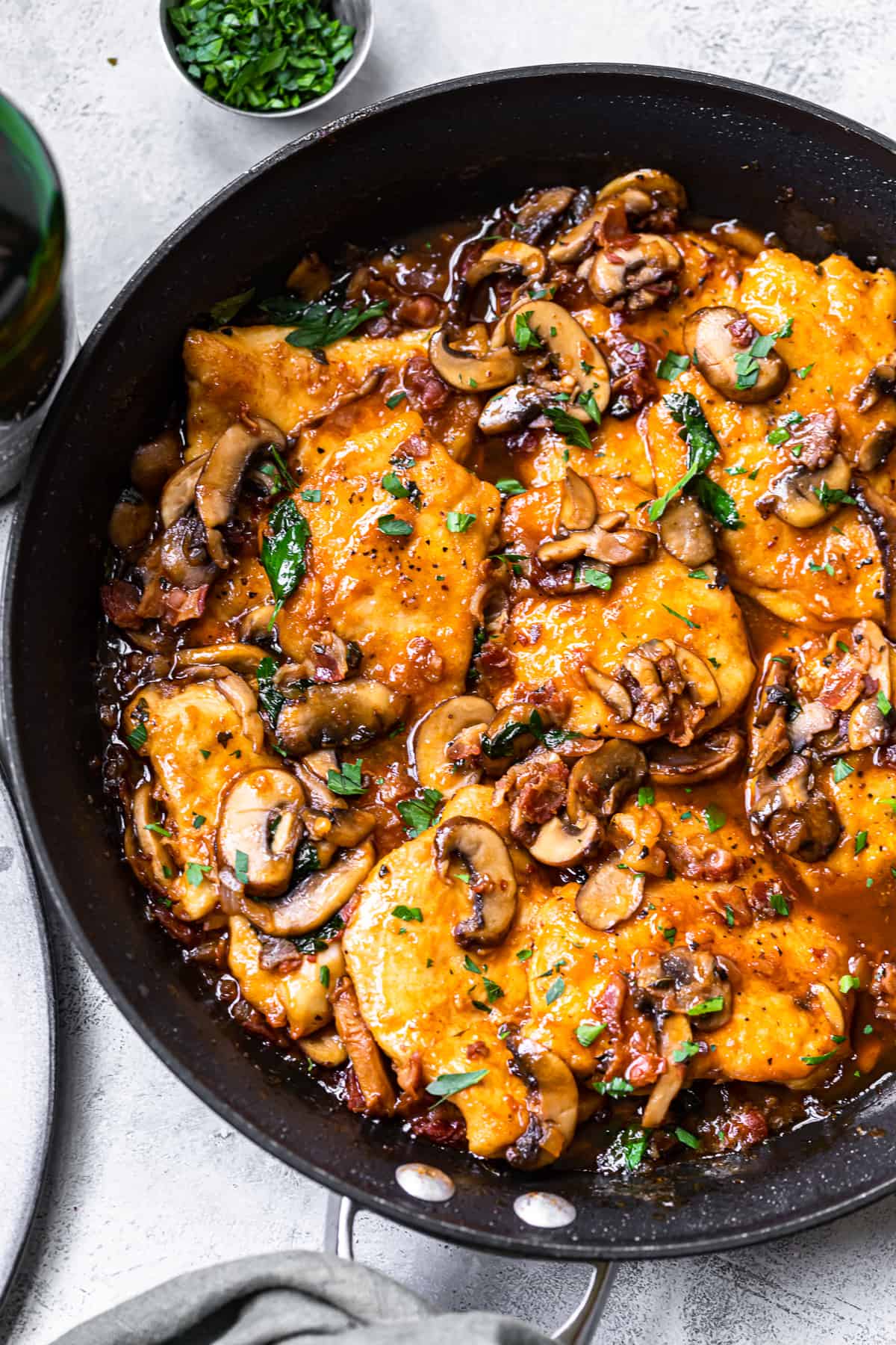 overhead chicken marsala in skillet