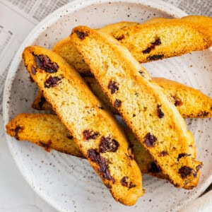 cranberry orange biscotti on gray plate