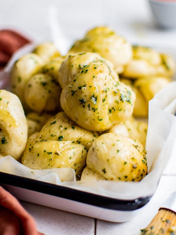 homemade garlic knots in serving dish