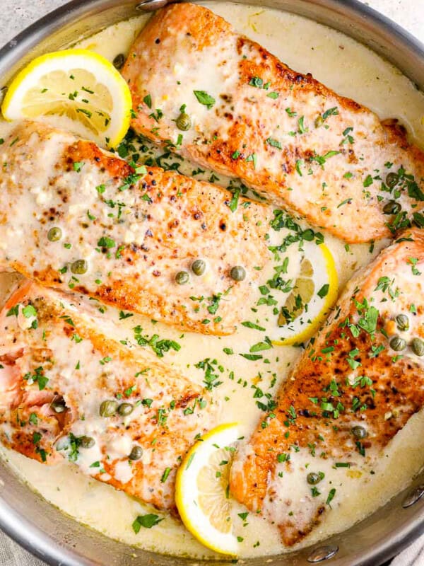 creamy salmon piccata in skillet