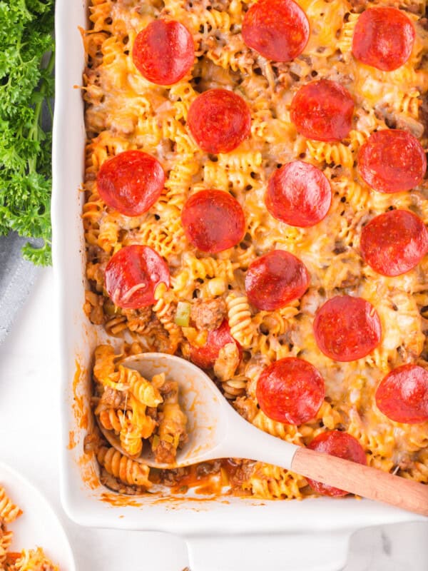 pizza casserole in a white dish