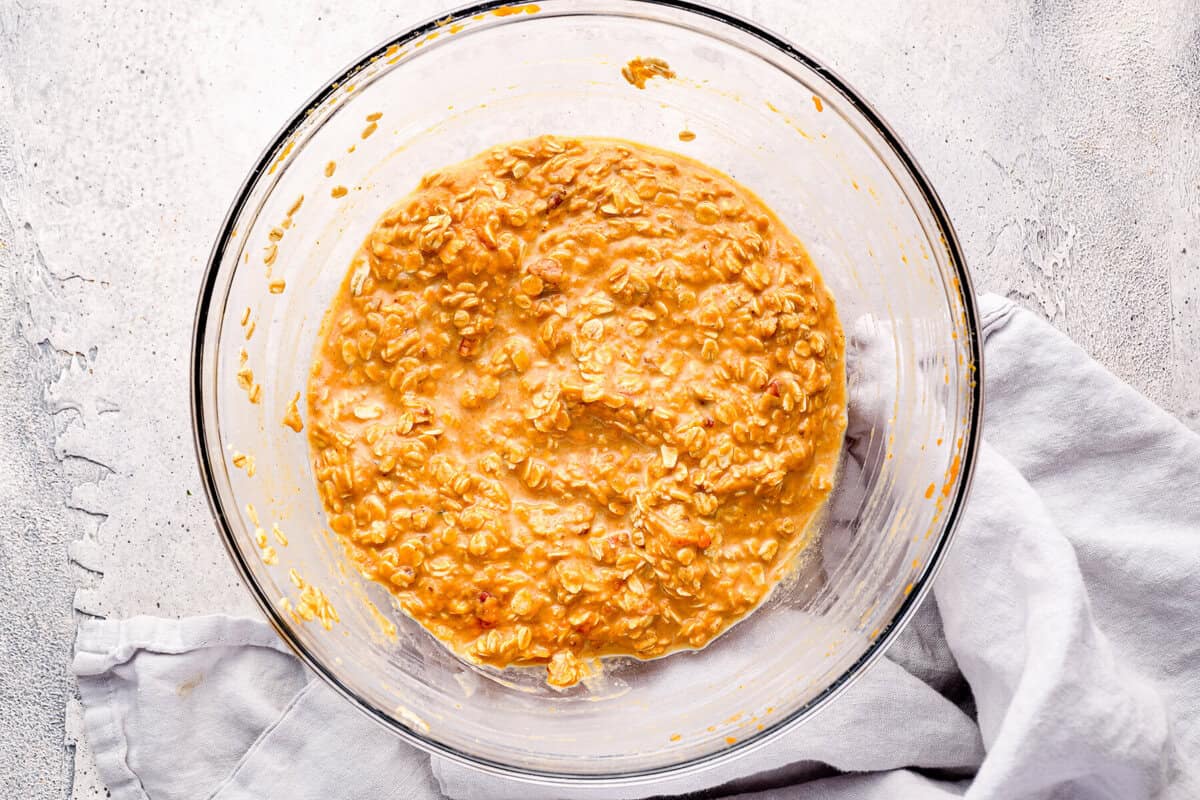 pumpkin oatmeal mixture in a glass bowl.