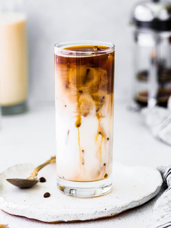 iced caramel macchiato in tall glass