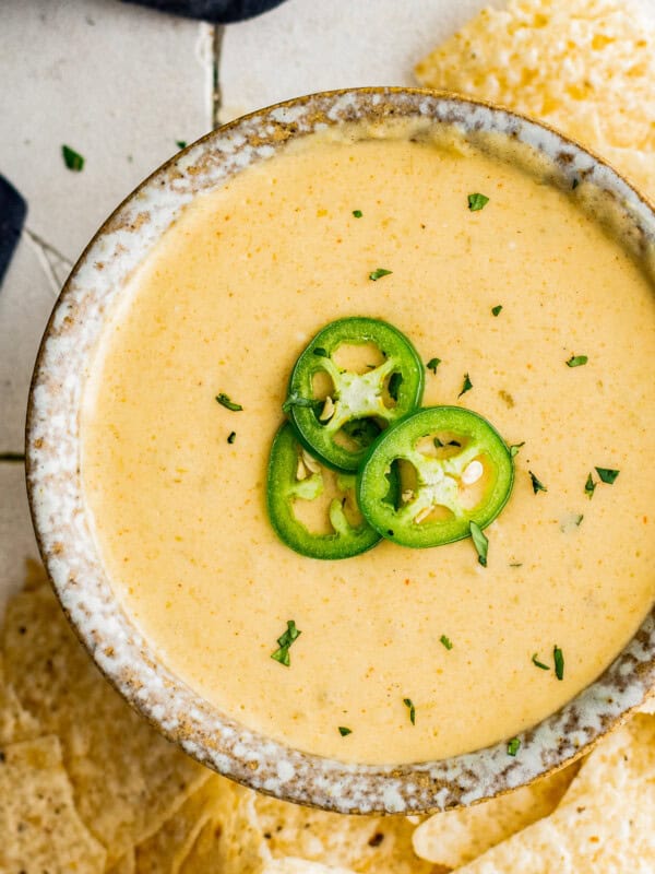 up close bowl of instant pot queso blanco with jalapenos