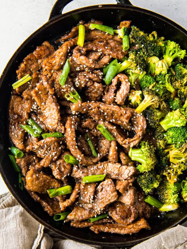 up close skillet with Mongolian beef and broccoli