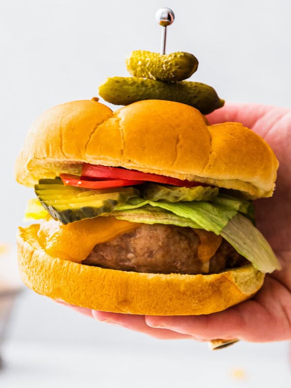 up close holding up air fryer turkey burger