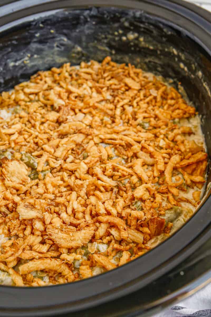 side image of crockpot green bean casserole