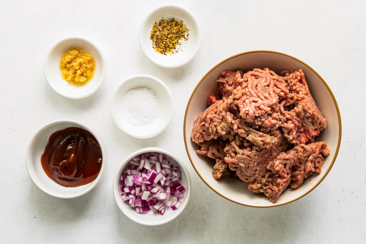 overhead view of ingredients for bbq burgers.