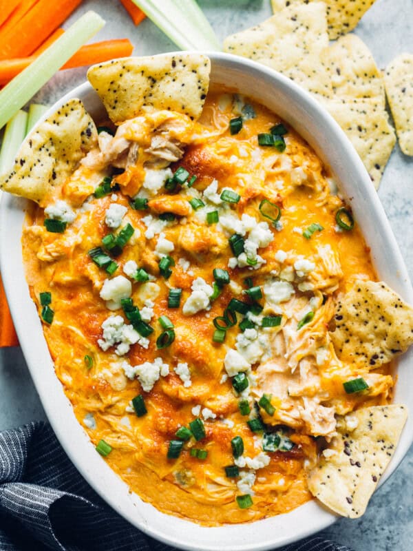 dish with instant pot buffalo chicken dip with chips