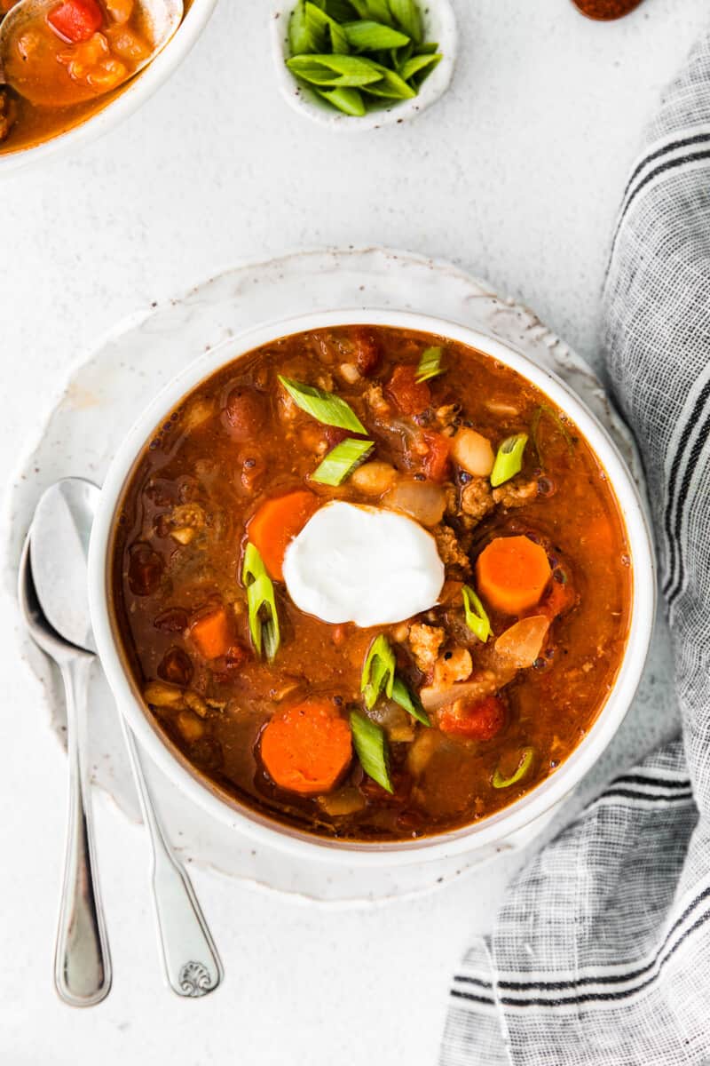 white bowl with instant pot turkey chili