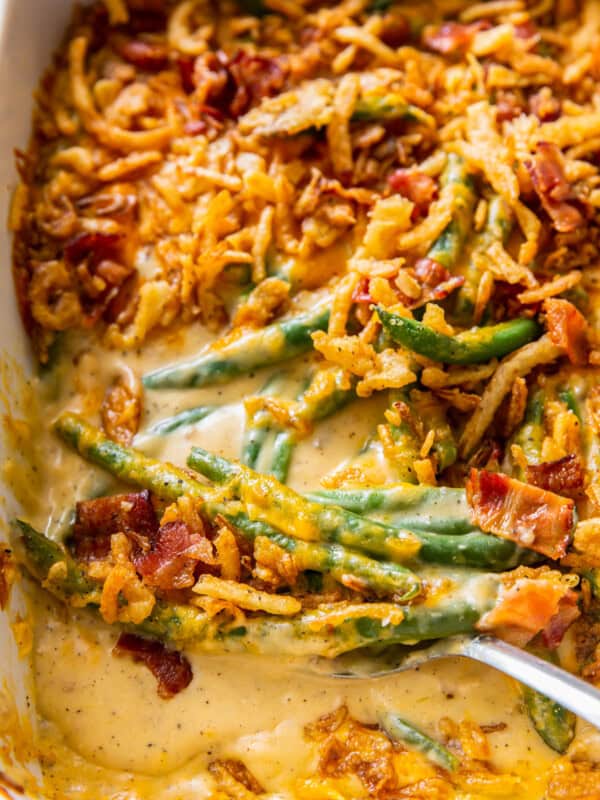 loaded green bean casserole in baking dish