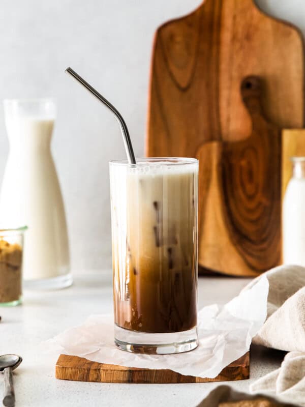 iced brown sugar shaken espresso in a clear glass with a straw