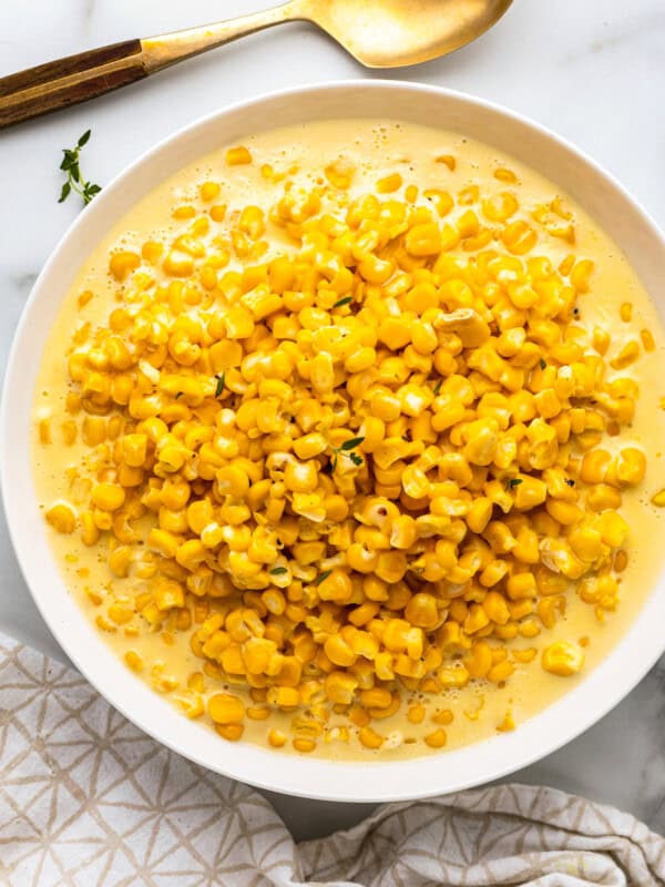 white glass bowl with creamed corn