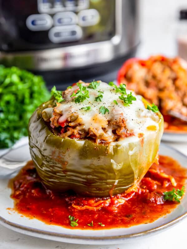 crockpot stuffed pepper with sauce on a plate