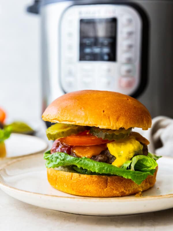 cheeseburger with a bun on a white plate in front of an instant pot