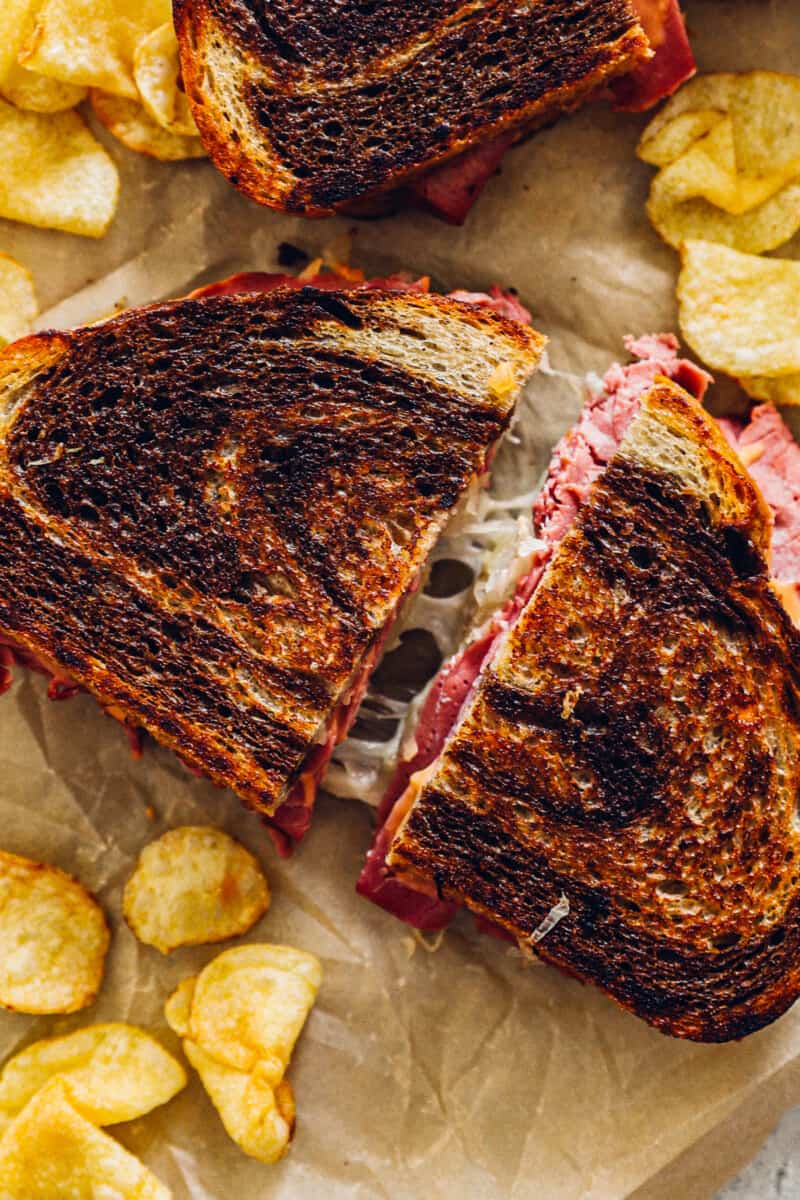 sliced grilled reuben sandwich