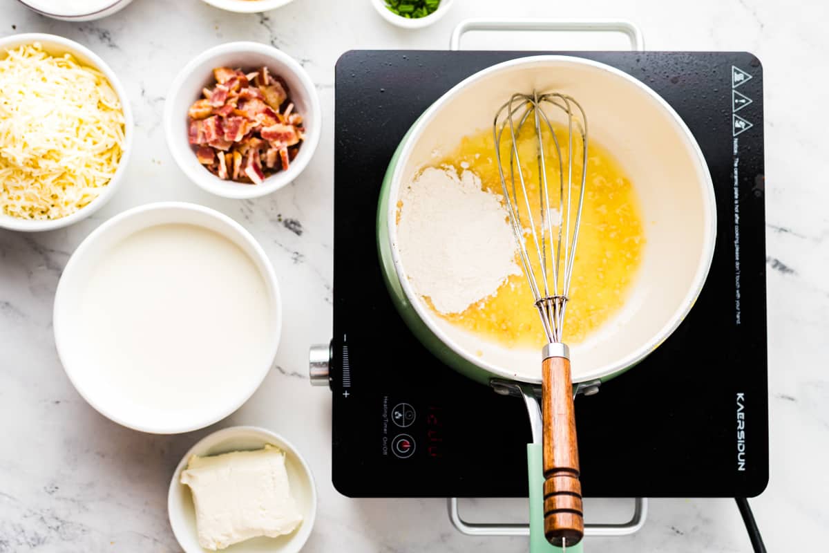 Melted butter and flour in a saucepan.