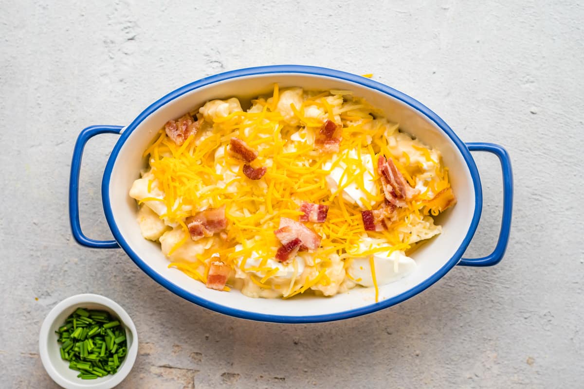 Loaded cauliflower bake topped with bacon and cheese.