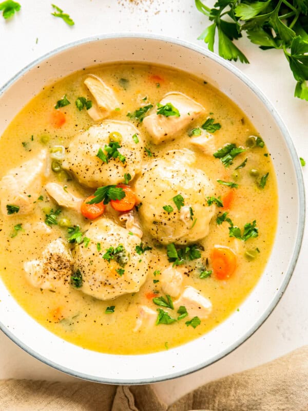 chicken and dumplings in a white bowl