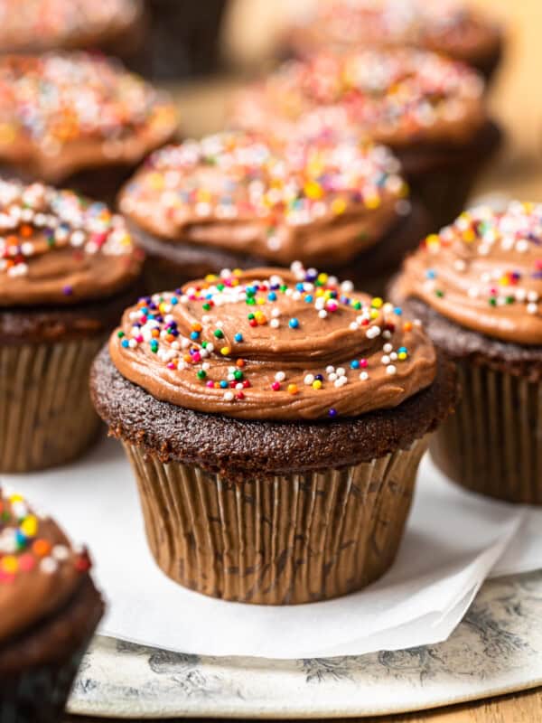 chocolate cupcakes topped with chocolate frosting and sprinkles