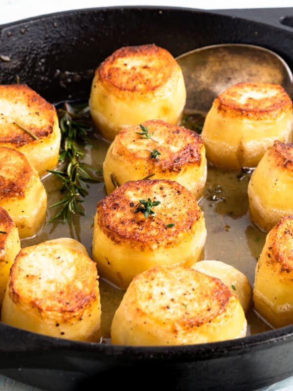 fondant potatoes in a skillet