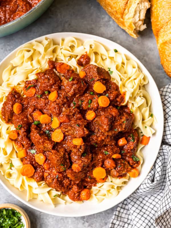 hungarian beef goulash with egg noodles in a serving bowl