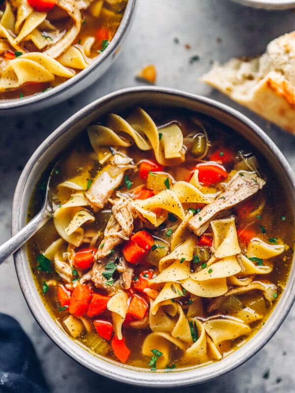 up close gray bowl of instant pot chicken noodle soup