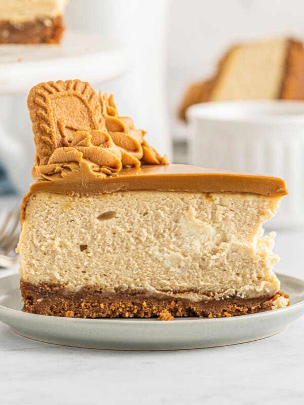 slice of biscoff cheesecake on a plate