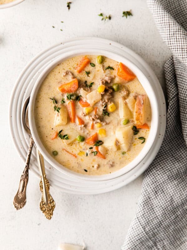 overhead image of shepherd's pie soup in a white bowl