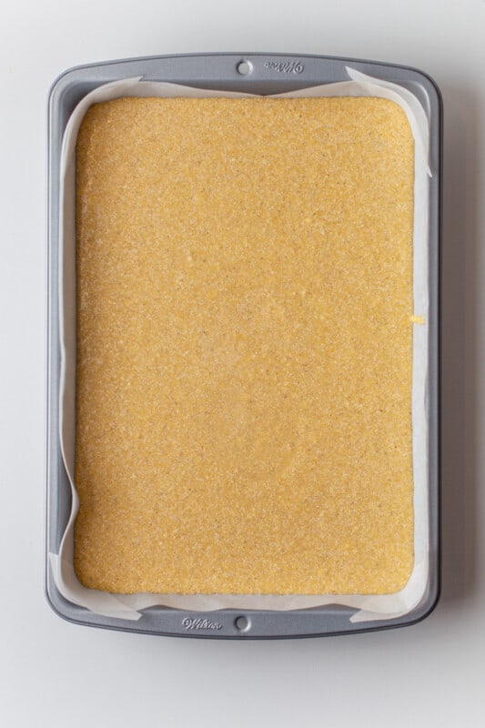 cornbread batter in a baking pan