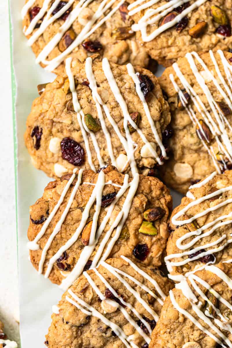 overhead image of christmas cowboy cookies on a white serving tray