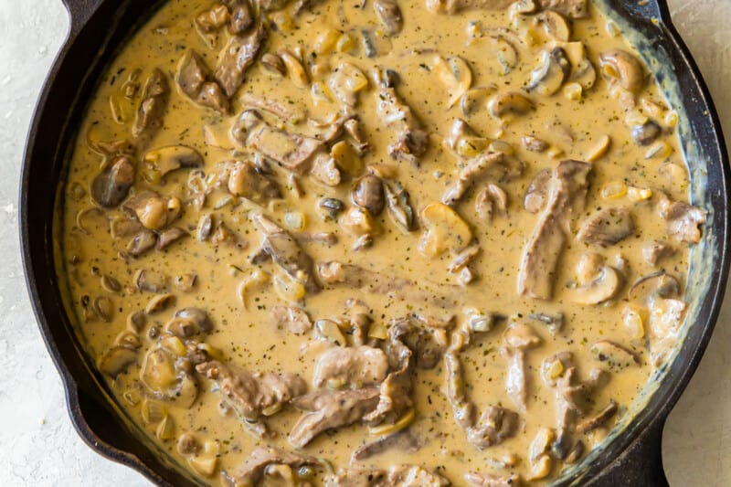 beef stroganoff sauce in a skillet