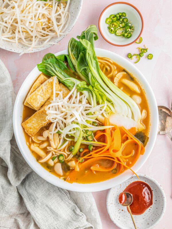 overhead view of easy ramen in a white bowl.